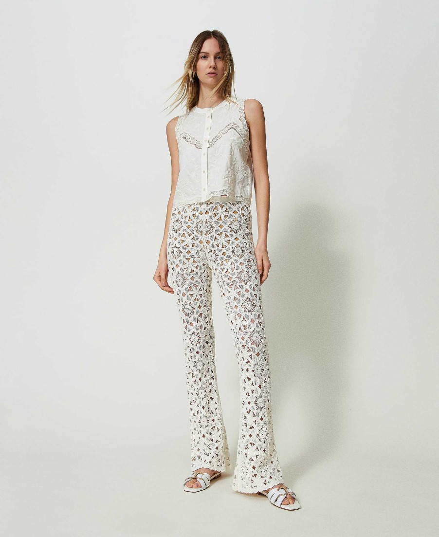 TWINSET Pantaloni Flare In Maglia Crochet A Fiori Beige Hot