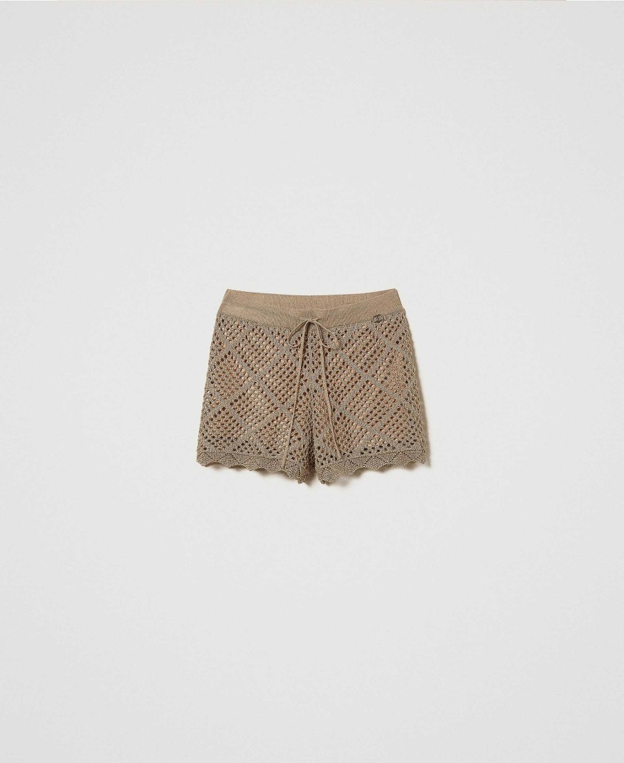 TWINSET Shorts In Maglia A Rete Lurex Marrone New