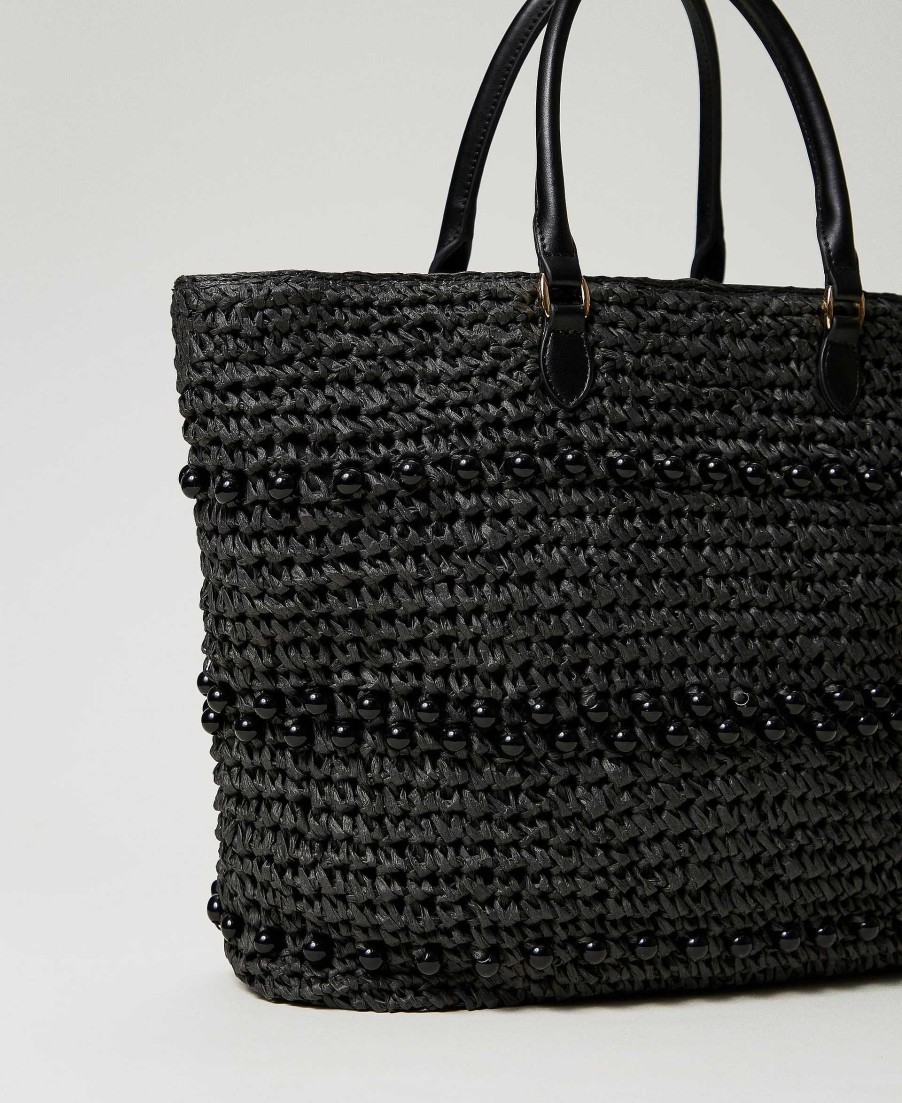 TWINSET Borsa Shopper In Rafia Crochet Con Perle Nero Online