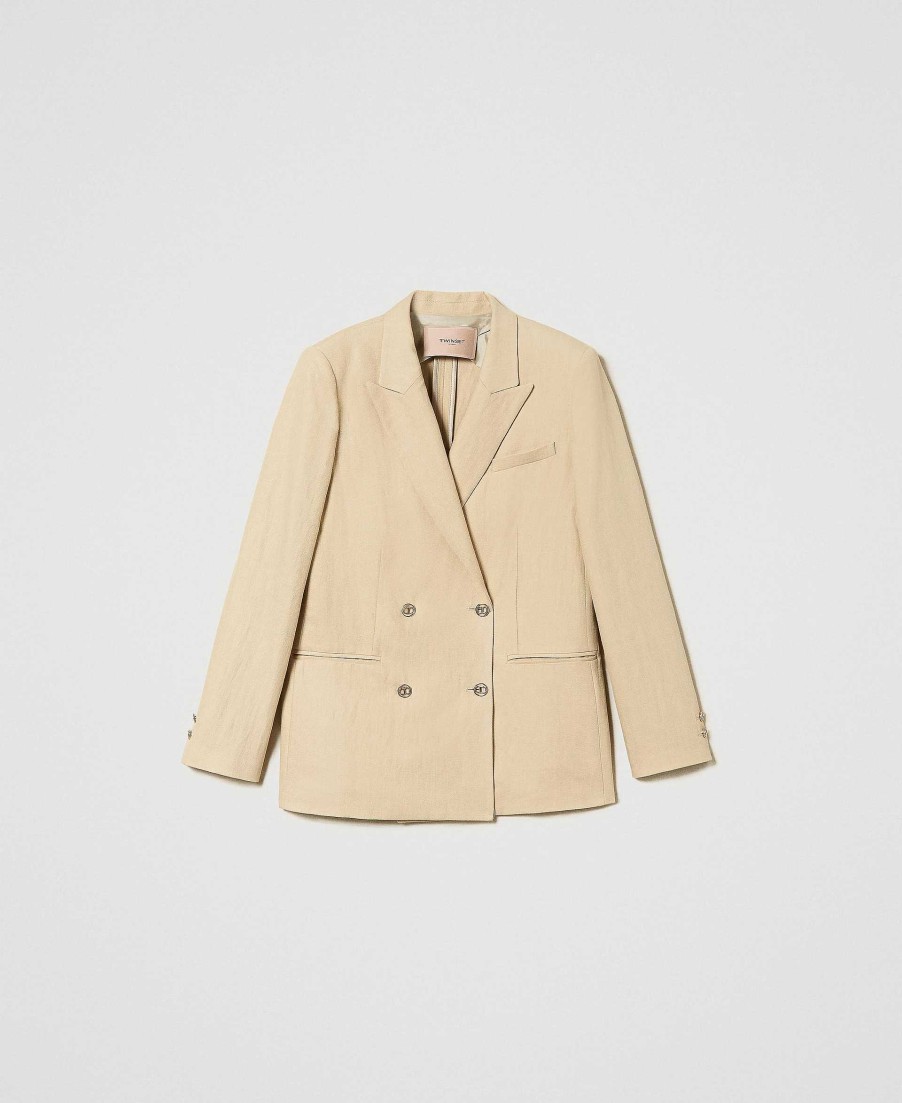 TWINSET Giacca Blazer In Saia Di Lino Beige Online