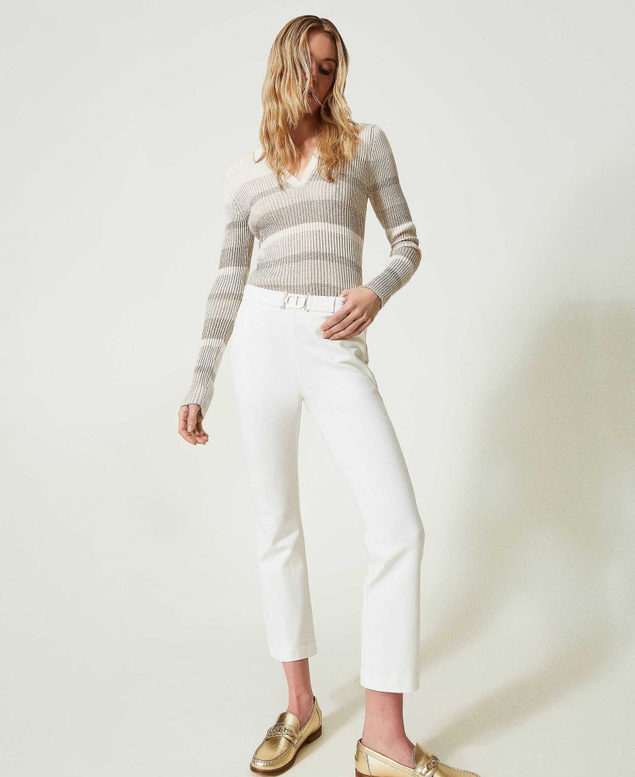 TWINSET Pantaloni Flare Con Fibbia Oval T Bianco New