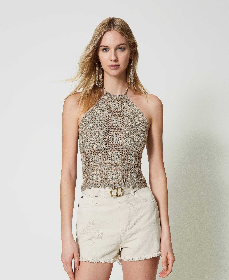 TWINSET Top In Maglia Crochet Lurex Multicolor Beige Hot