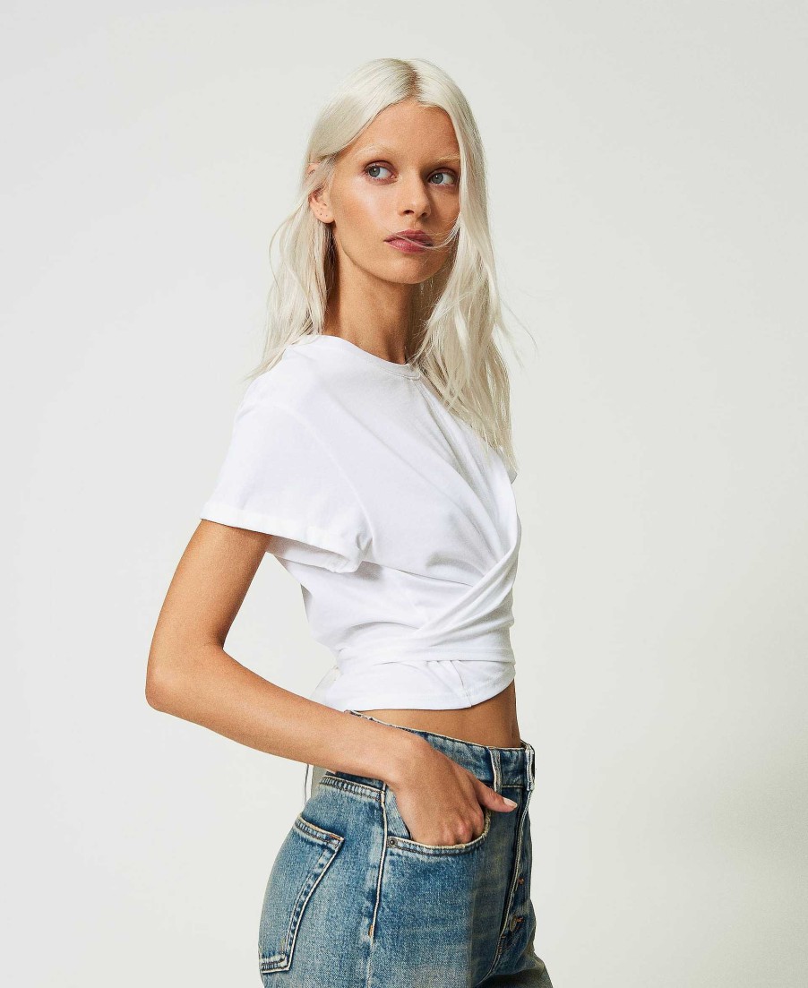 TWINSET T-Shirt Cropped Con Incrocio Bianco Clearance