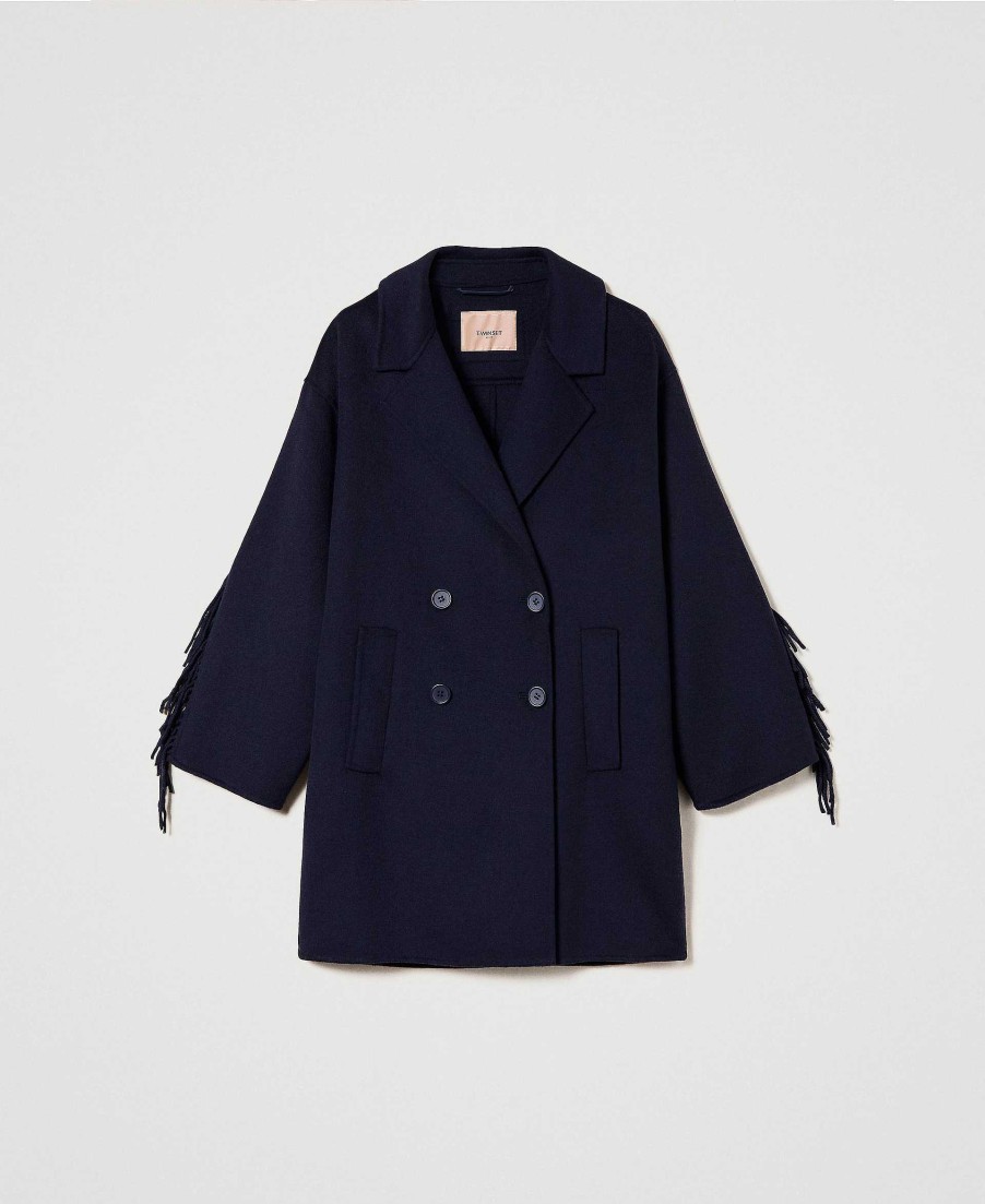 TWINSET Cappotto In Double Di Lana Con Frange Blu Clearance