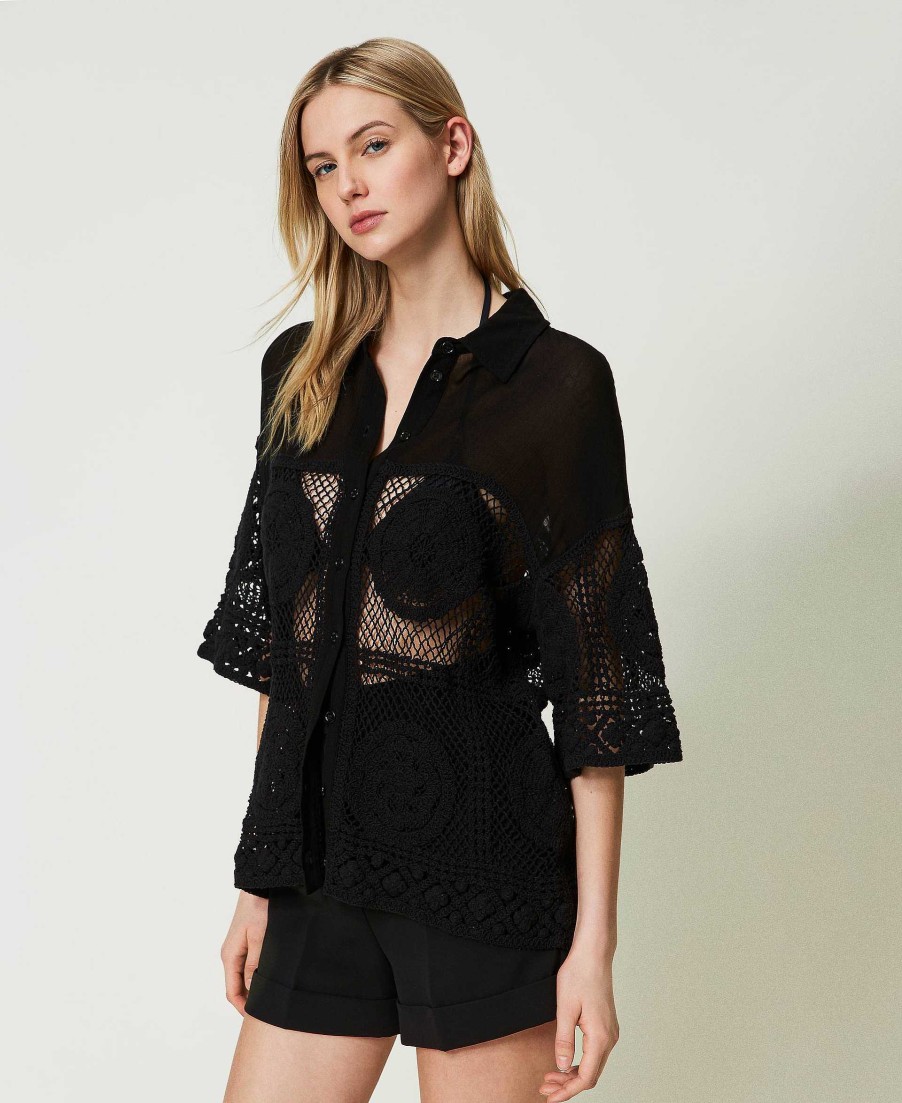 TWINSET Camicia In Creponne E Crochet Nero Clearance