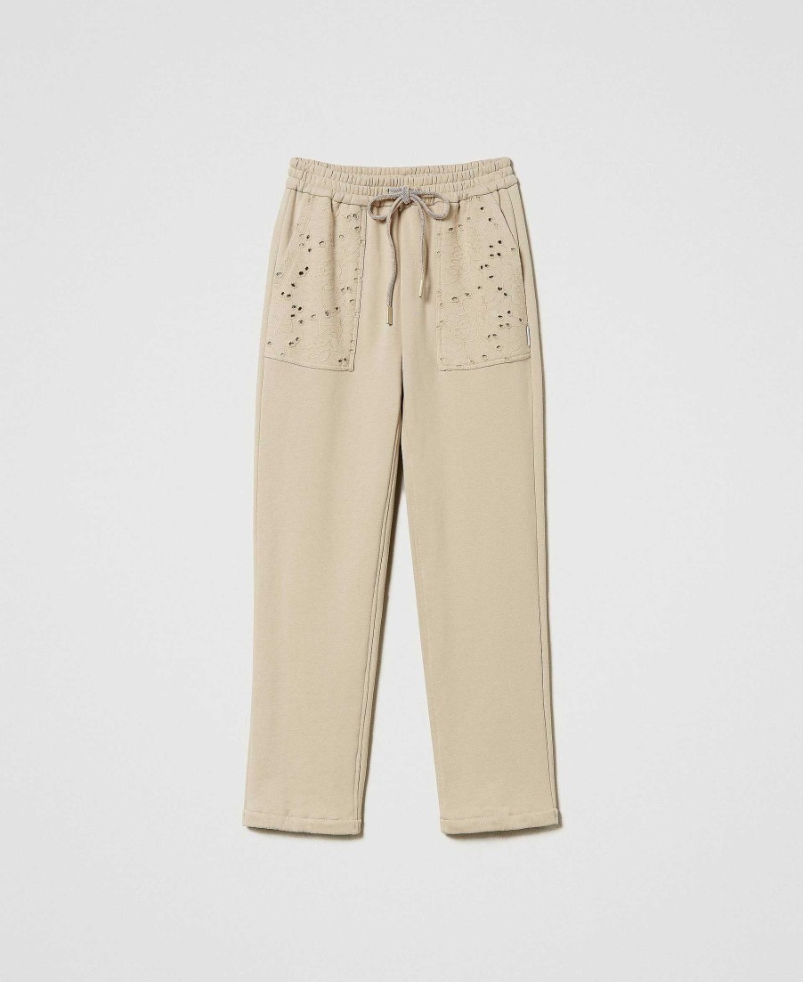 TWINSET Pantaloni Joggers Con Ricamo Sangallo Beige Best