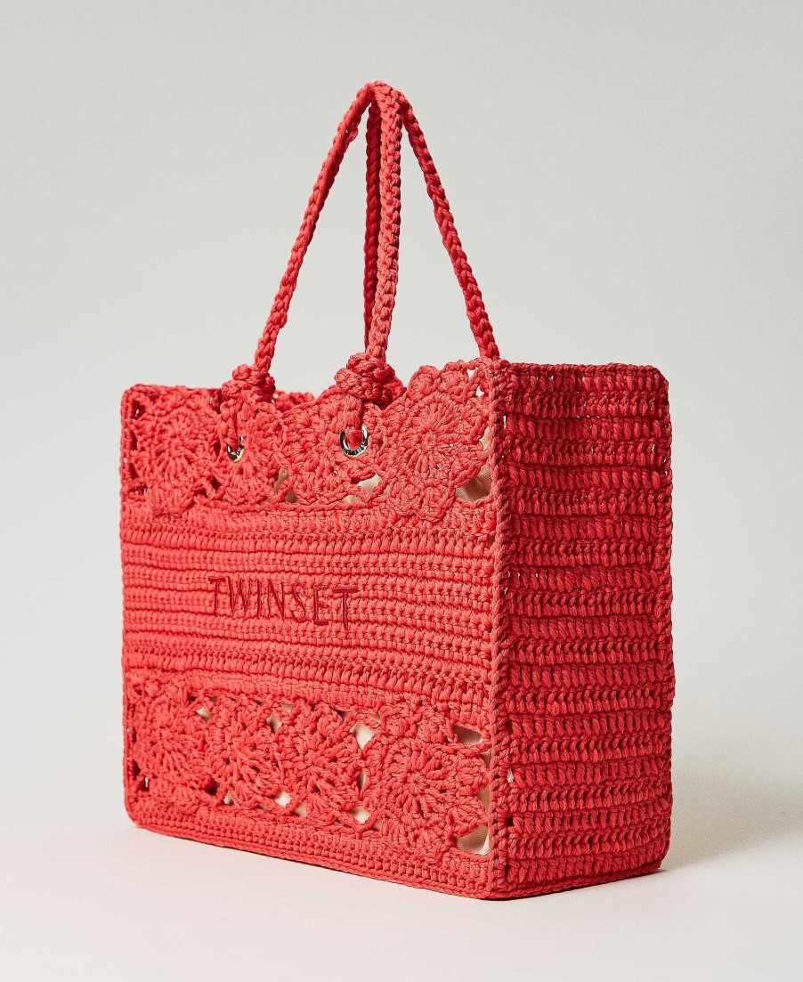 TWINSET Borsa Shopper In Crochet A Fiori Rosa Online