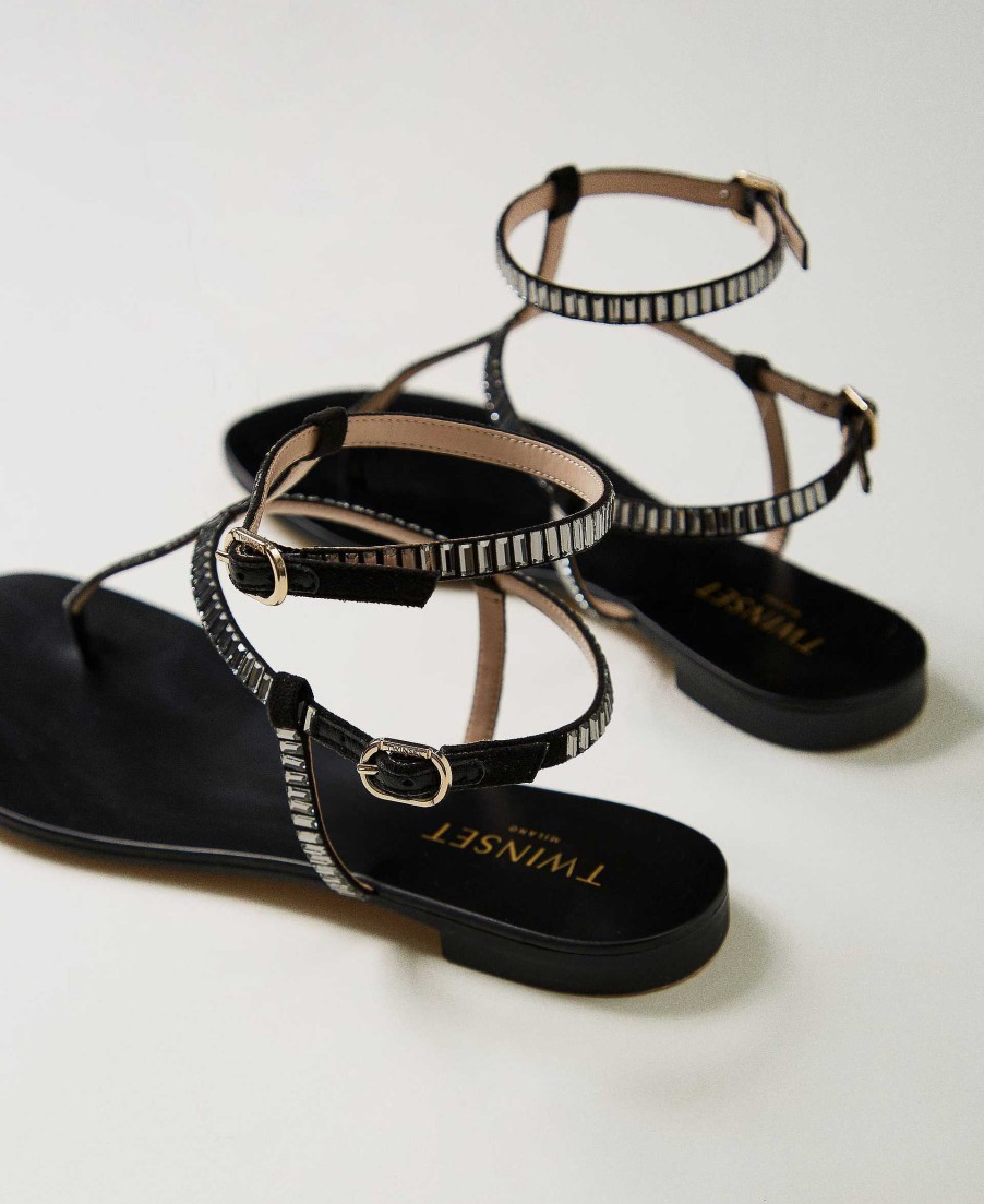 TWINSET Sandali Flat Infradito Con Strass Nero Wholesale