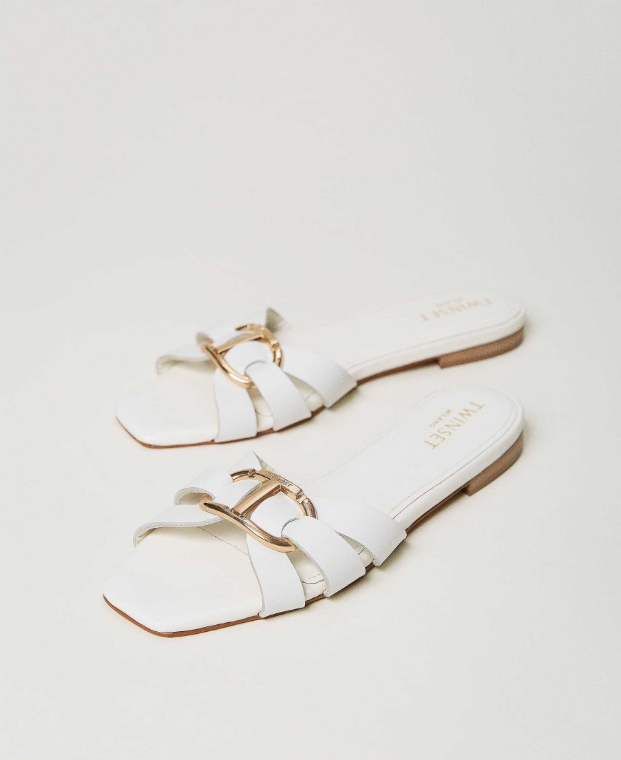 TWINSET Sandali Slide In Pelle Con Oval T Bianco Hot