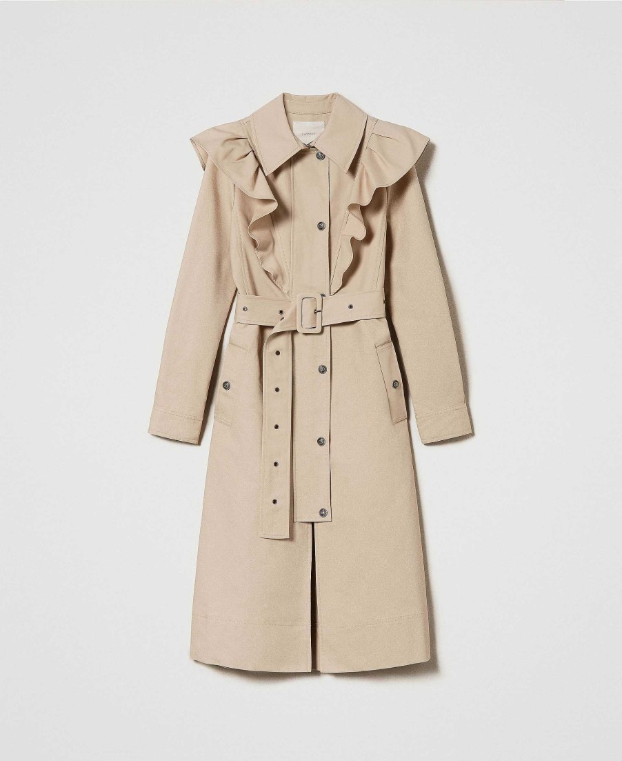 TWINSET Trench In Tessuto Double Con Volant Beige Clearance