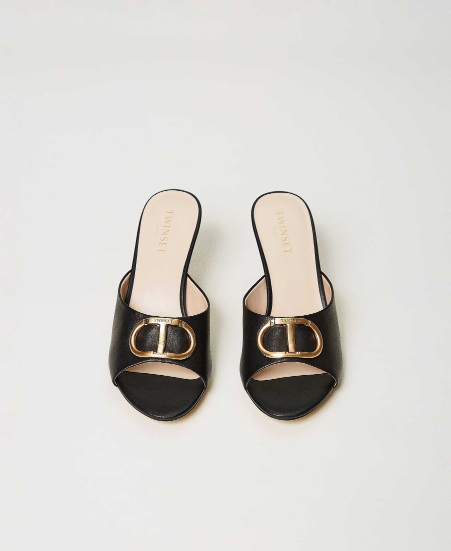 TWINSET Sandali Mules In Pelle Con Oval T Nero New