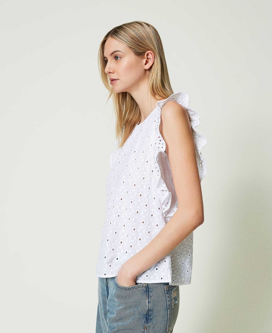 TWINSET Top In Sangallo Con Volant Bianco New