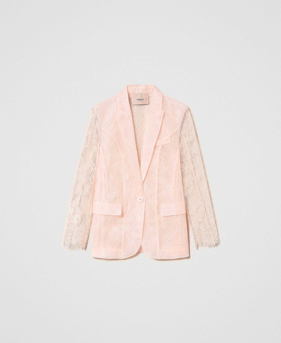 TWINSET Giacca Blazer In Organza E Pizzo Rosa New