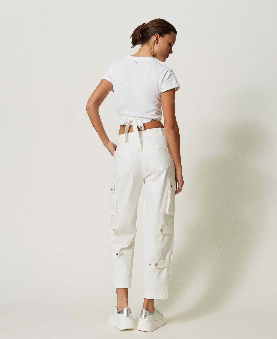 TWINSET Pantaloni Cargo In Cotone Organico Bianco Clearance