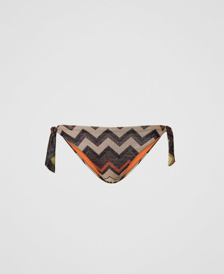 TWINSET Tanga Da Bagno Lurex A Stampa Chevron Marrone New