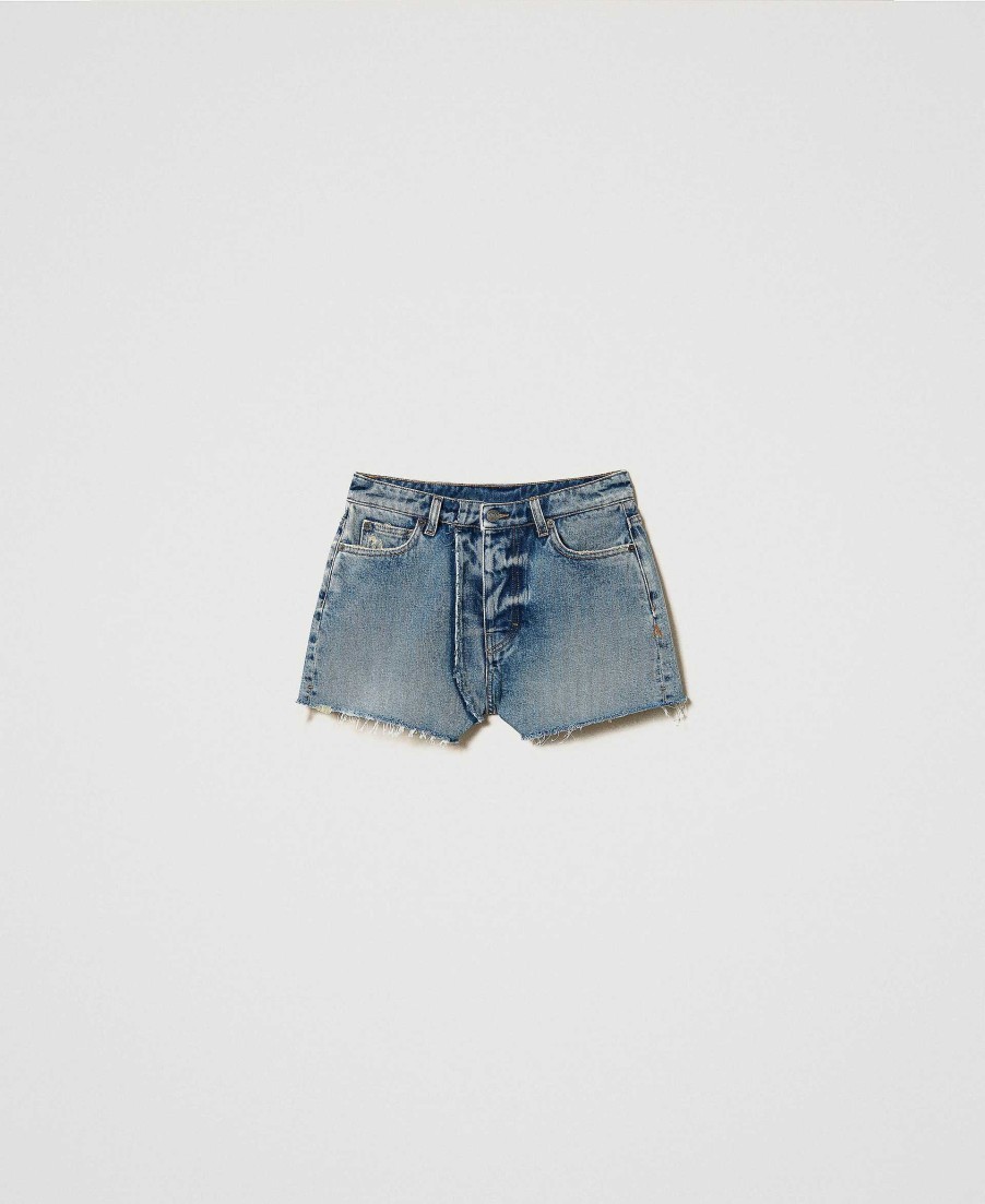 TWINSET Shorts In Jeans Sfrangiati Blu Clearance