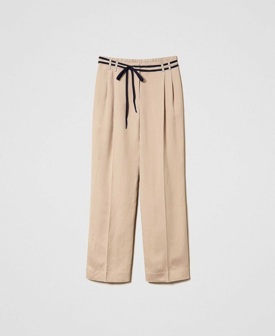 TWINSET Pantaloni In Misto Lino Con Cintura Beige Online