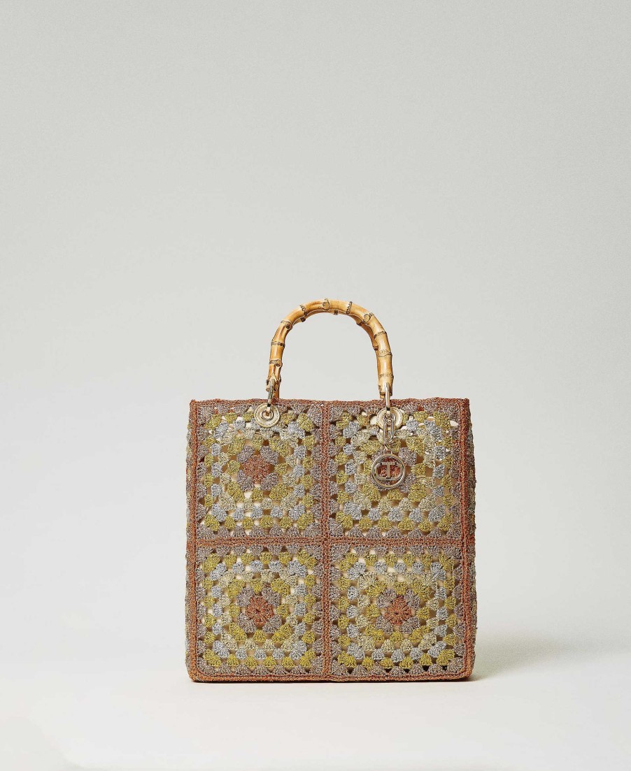 TWINSET Borsa Shopper In Crochet Con Lurex Fantasia Hot