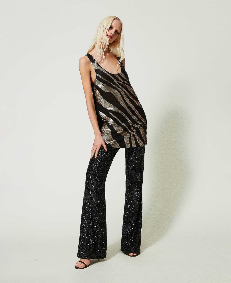 TWINSET Maxi Canotta Con Ricamo Animalier Nero Hot