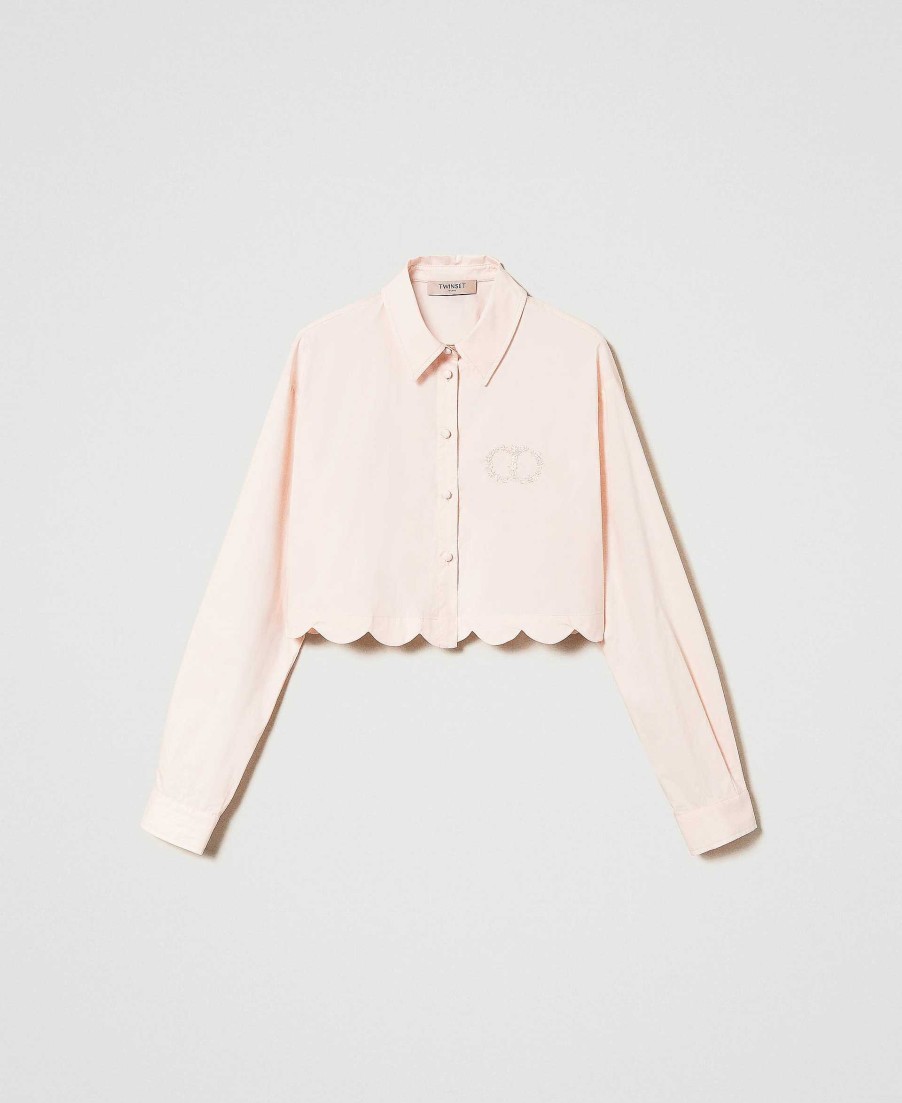 TWINSET Camicia Cropped In Popeline Con Smerlo Rosa Hot