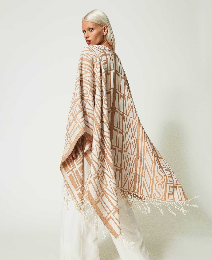 TWINSET Poncho Jacquard Con Logo E Frange Beige New