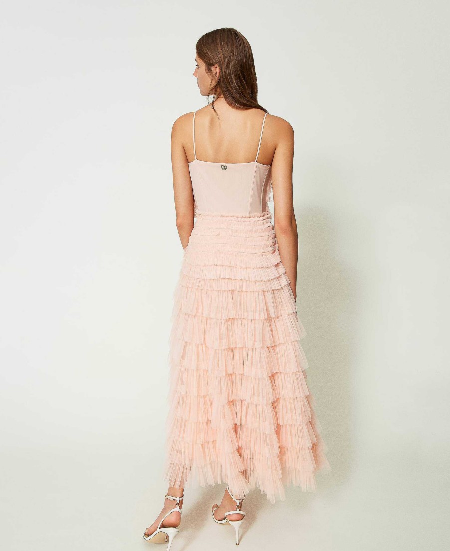 TWINSET Abito Longuette In Tulle Pliss Rosa New