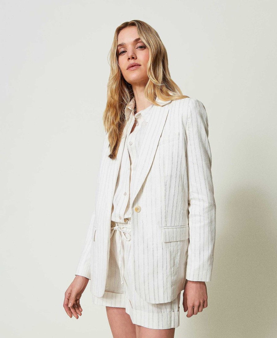 TWINSET Giacca Blazer In Misto Lino A Righe Lurex Bianco Wholesale