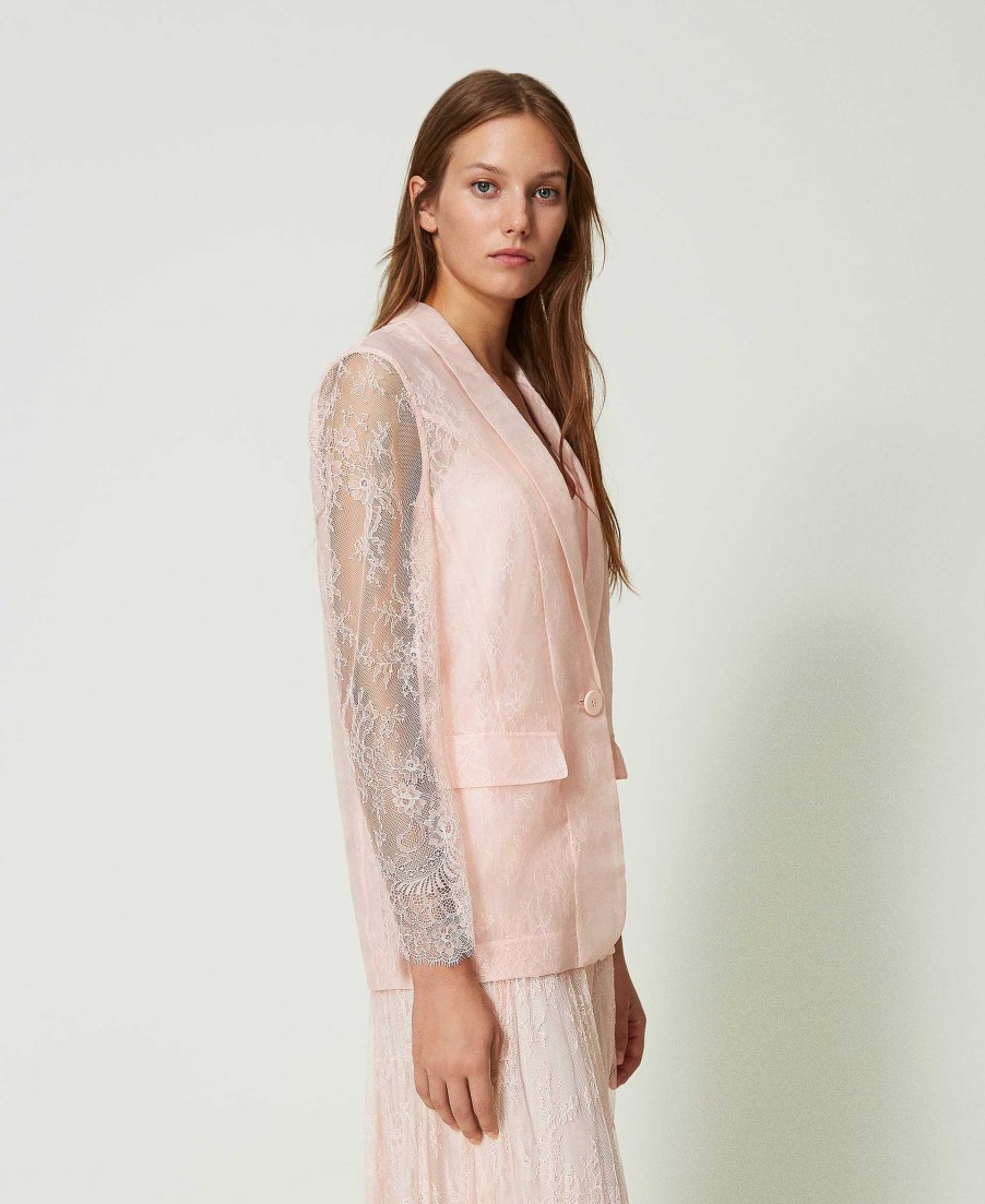 TWINSET Giacca Blazer In Organza E Pizzo Rosa New