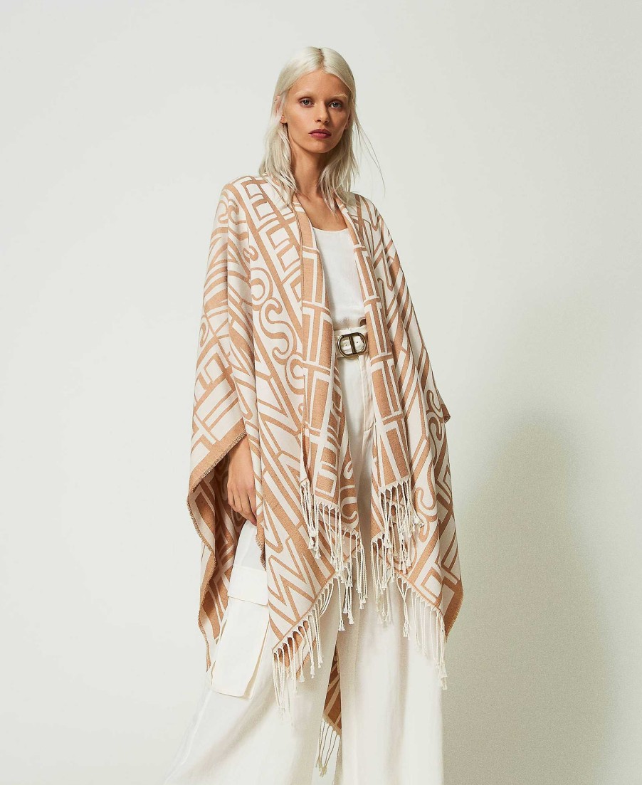 TWINSET Poncho Jacquard Con Logo E Frange Beige New