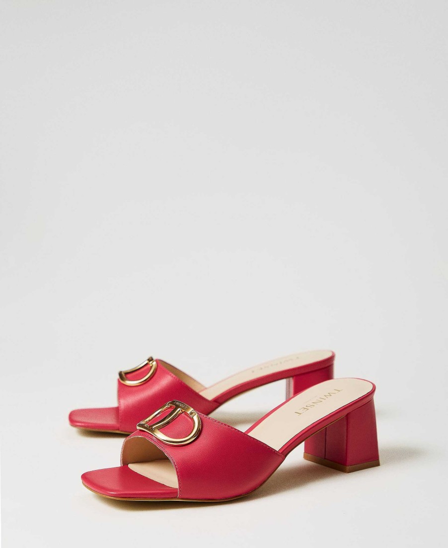 TWINSET Sandali Mules In Pelle Con Oval T Fucsia New