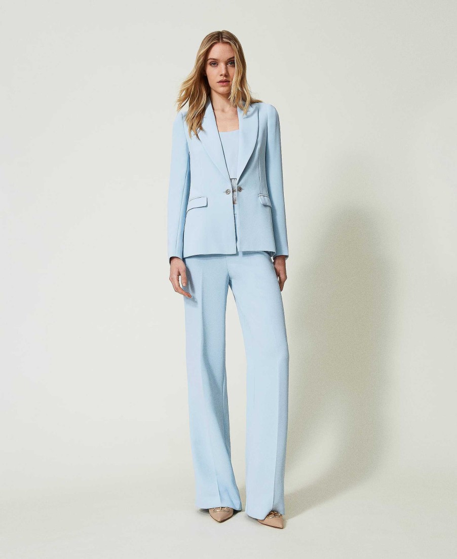 TWINSET Giacca Blazer In Cr Pe Cady Con Bijou Azzurro Hot