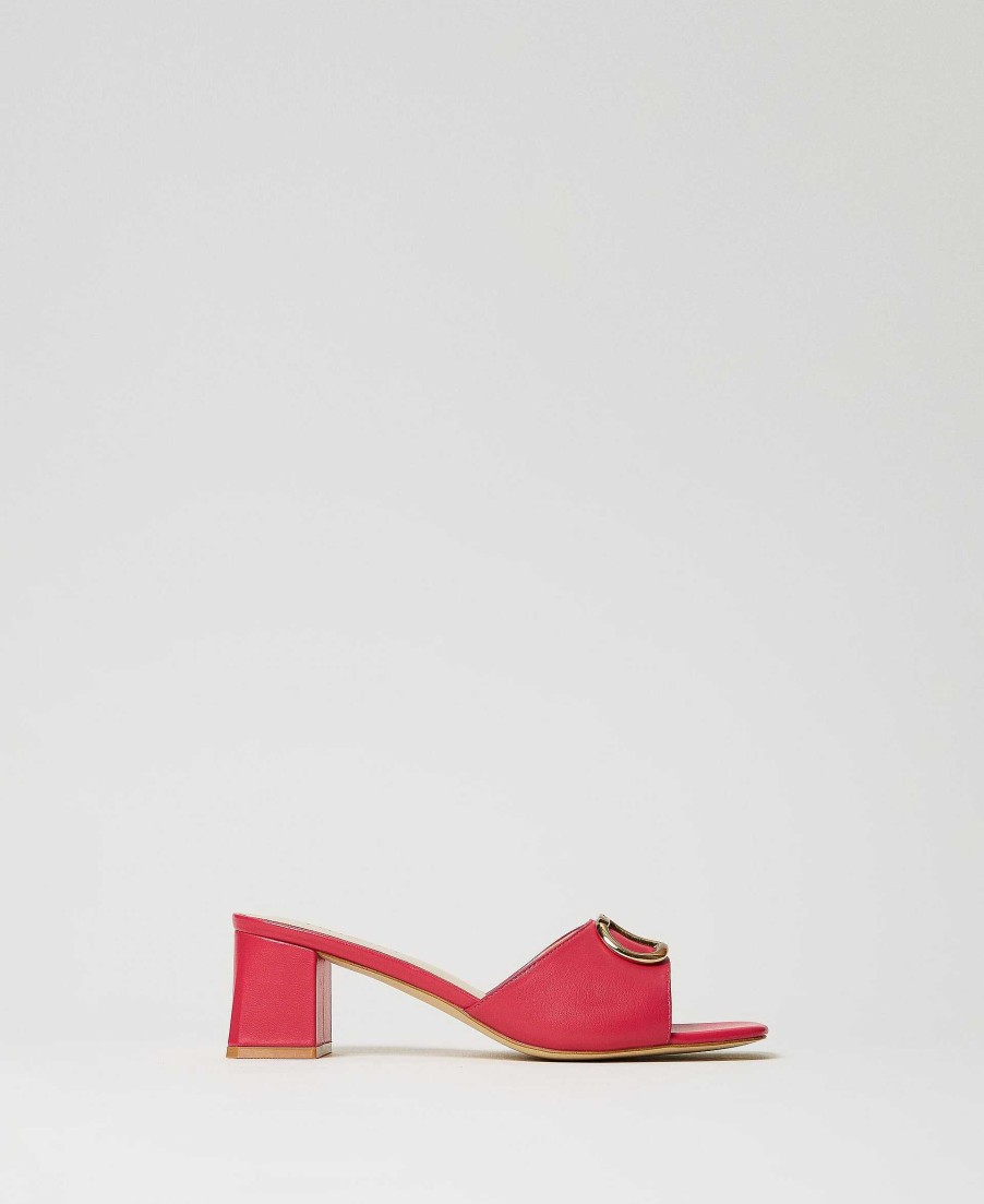 TWINSET Sandali Mules In Pelle Con Oval T Fucsia New