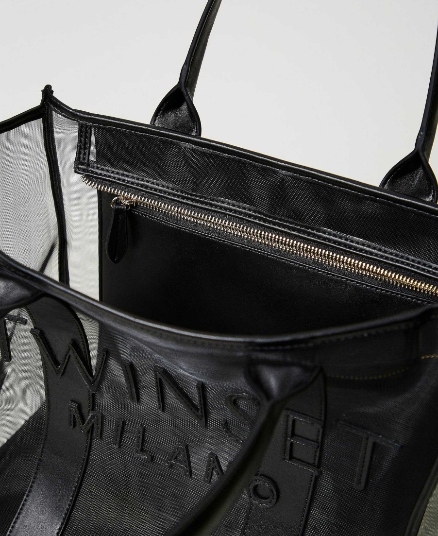 TWINSET Borsa Shopper In Rete Con Logo Nero Hot