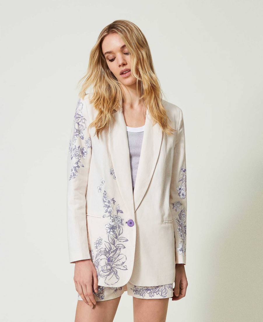 TWINSET Giacca Blazer Myfo In Misto Lino Stampato Viola Best