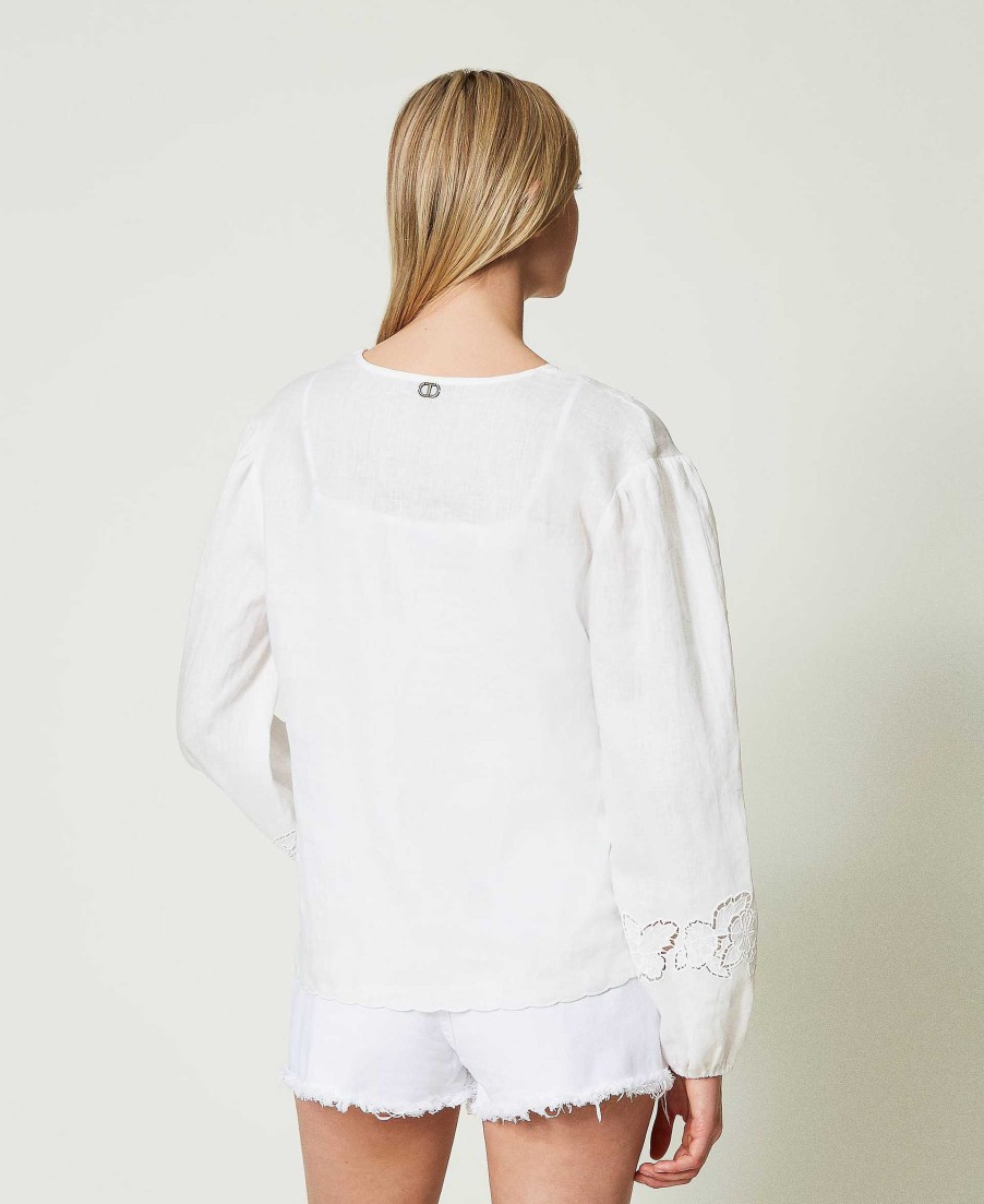 TWINSET Blusa In Lino Con Ricamo Sangallo Bianco Wholesale