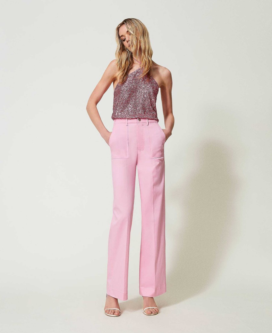 TWINSET Pantaloni A Palazzo In Gabardina Rosa Wholesale