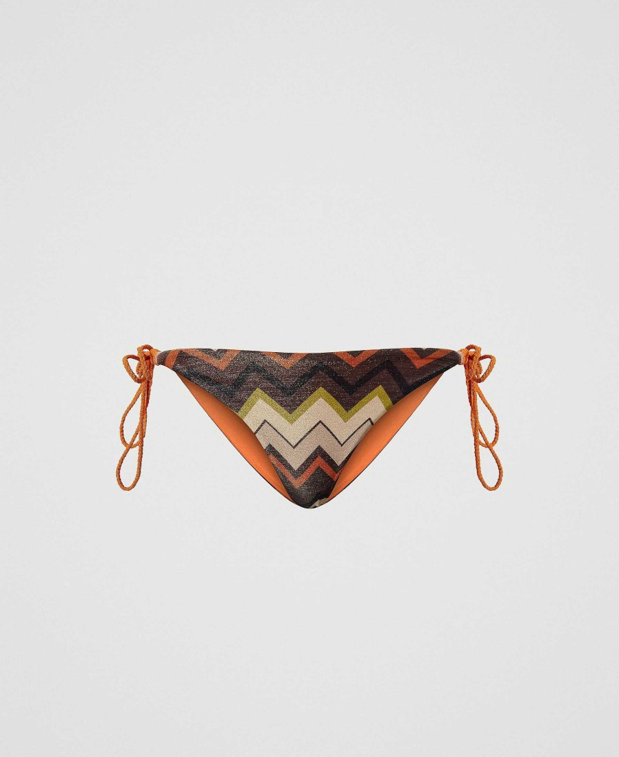 TWINSET Tanga Da Bagno Lurex A Stampa Chevron Con Lacci Marrone New