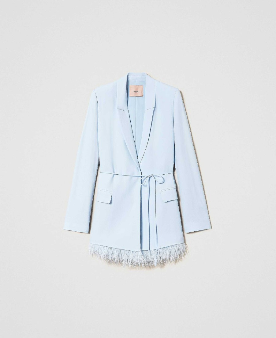 TWINSET Giacca Blazer In Raso Con Piume Azzurro New