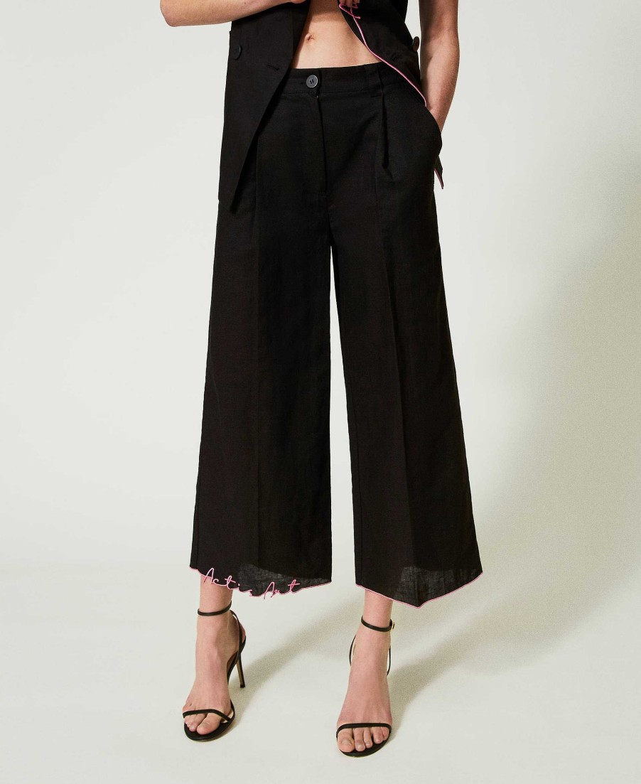 TWINSET Pantaloni Cropped Myfo In Misto Lino Ricamato Nero Best