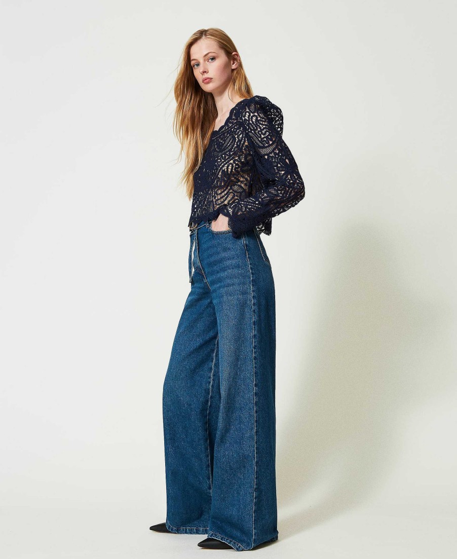 TWINSET Jeans Wide Leg Con Cintura Blu Hot