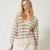 TWINSET Maxi Maglia A Righe Con Spilla Oval T Beige New