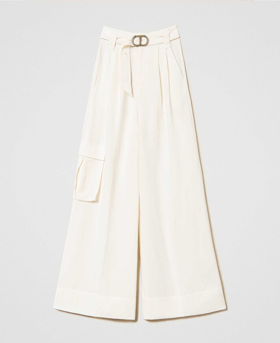 TWINSET Pantaloni Wide Leg In Tela Di Misto Lino Bianco Hot