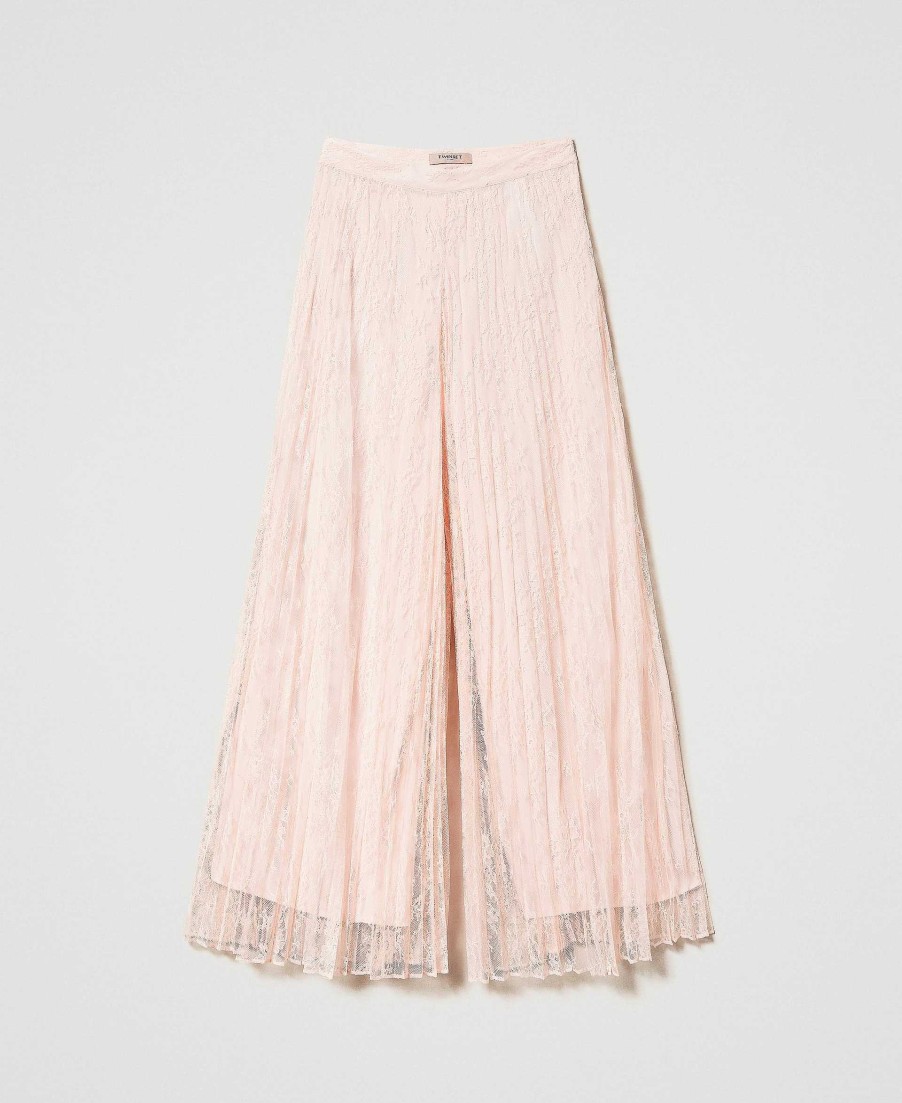 TWINSET Pantaloni A Palazzo In Pizzo Pliss Rosa New