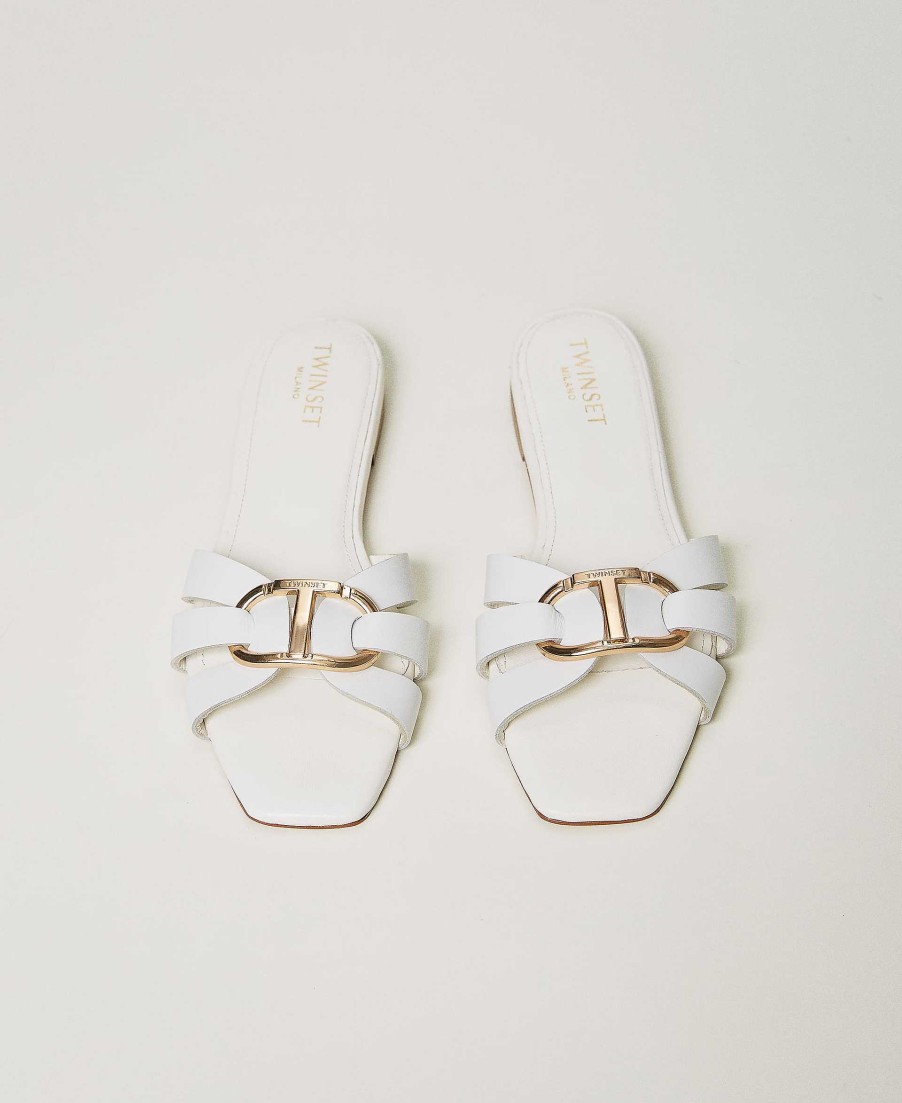 TWINSET Sandali Slide In Pelle Con Oval T Bianco Hot