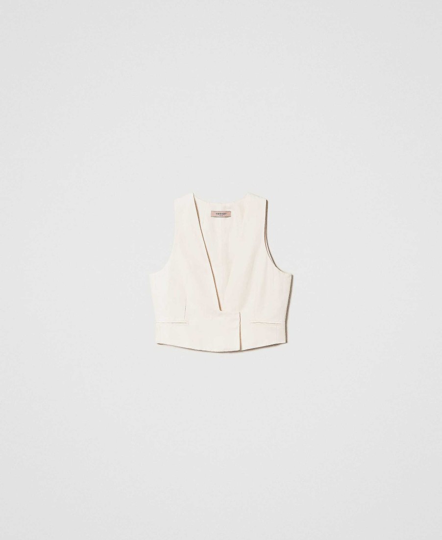 TWINSET Gilet Cropped In Misto Lino Beige New