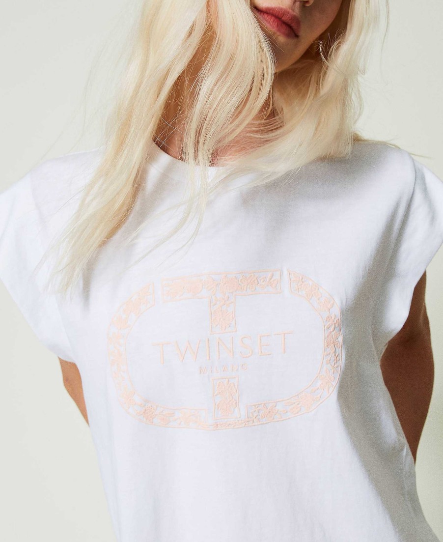 TWINSET T-Shirt Con Oval T E Maniche Ad Aletta Bianco New