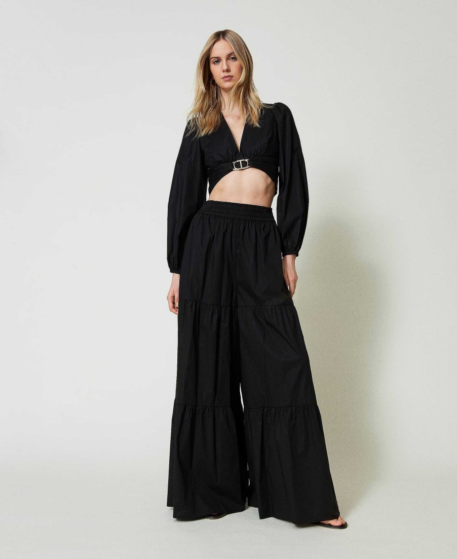 TWINSET Pantaloni Wide Leg In Popeline Nero Best