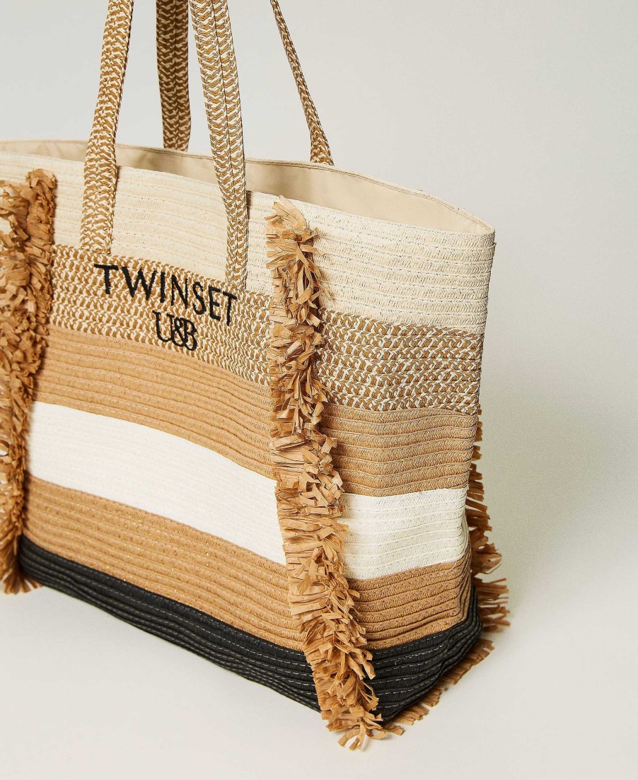 TWINSET Borsa Shopper In Paglia Con Frange Marrone Clearance