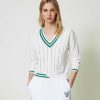 TWINSET Maglia Con Righe A Contrasto E Ricamo Bianco New