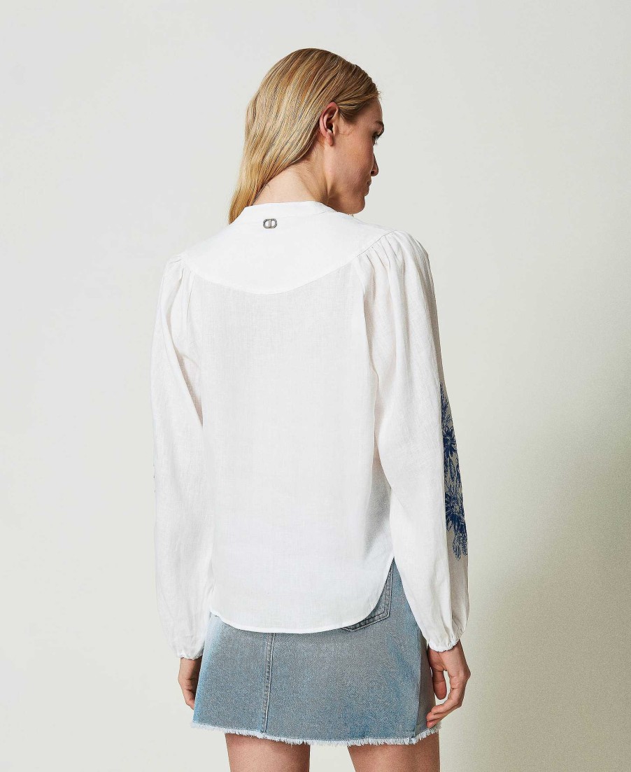 TWINSET Blusa In Lino Con Ricamo Floreale Bianco Clearance